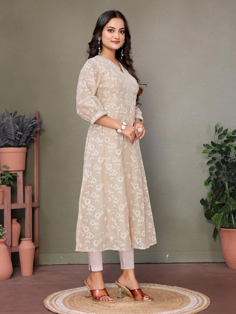 rangita Beige Chanderi Embroidered Calf Length Anarkali Kurti | Kurta for Women_L - Image 3