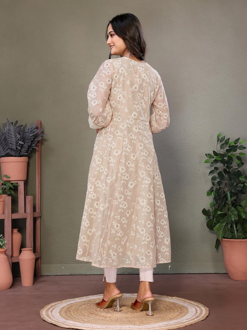 rangita Beige Chanderi Embroidered Calf Length Anarkali Kurti | Kurta for Women_L - Image 4