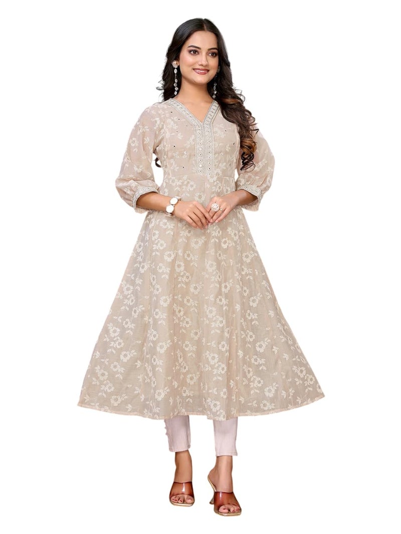 rangita Beige Chanderi Embroidered Calf Length Anarkali Kurti | Kurta for Women_L - Image 1