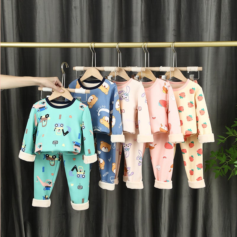 Children'S Thermal Underwear Suit Fleece-Lined Thickened Winter Boys' Baby Boys' Autumn Clothes Long Pants Girls' Warm Clothes Suit - Image 2