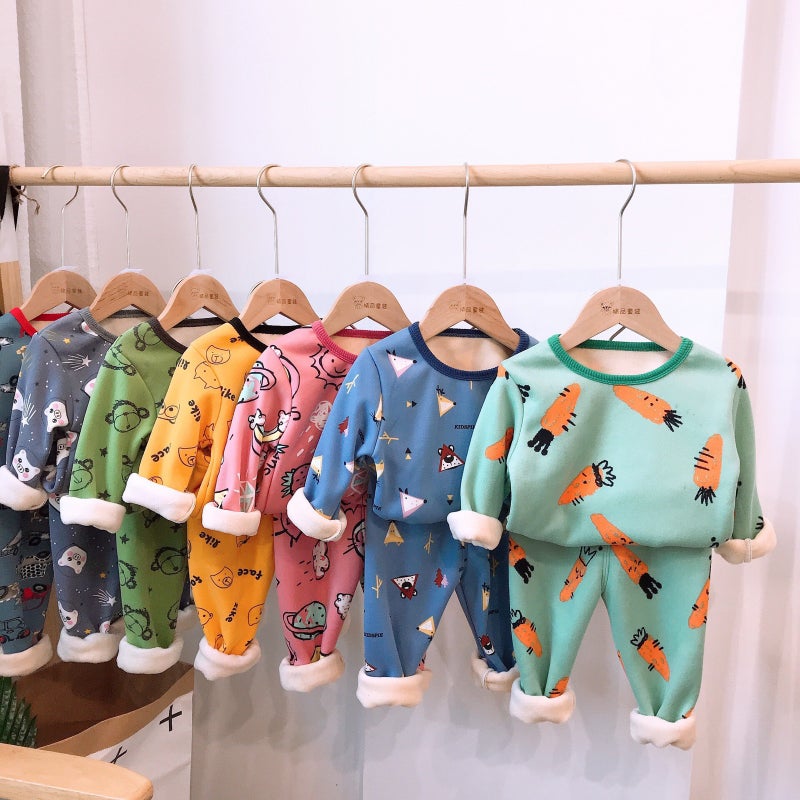 Children'S Thermal Underwear Suit Fleece-Lined Thickened Winter Boys' Baby Boys' Autumn Clothes Long Pants Girls' Warm Clothes Suit - Image 5