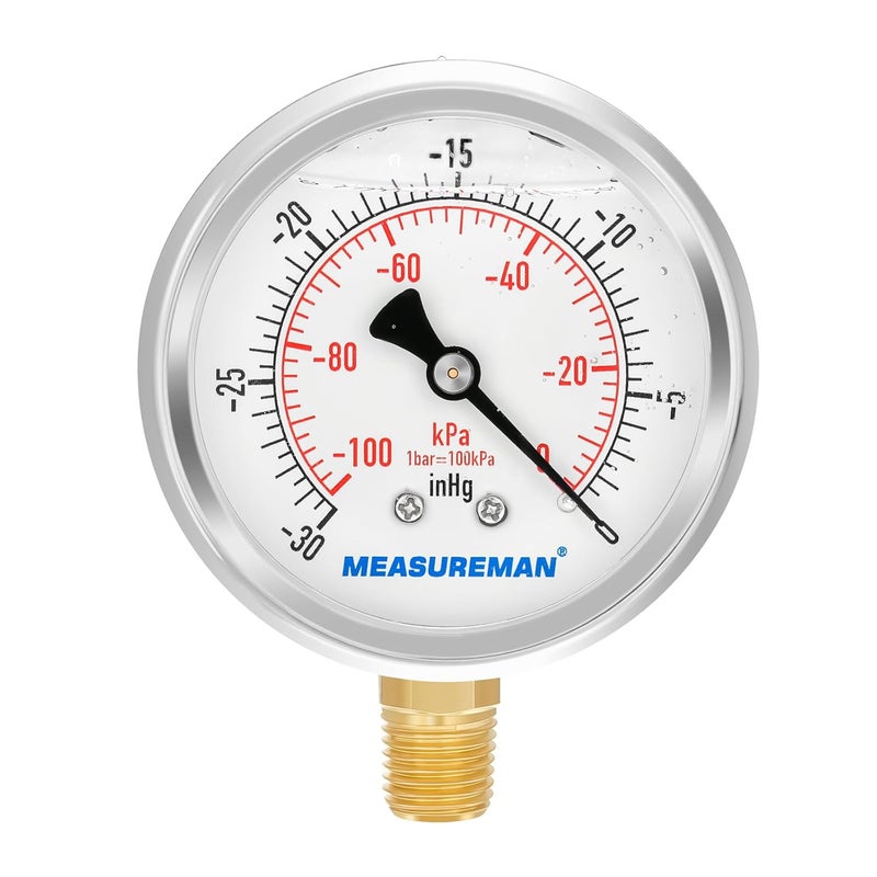 MEASUREMAN مقياس تفريغ من ميزورمان، مملوء بالجليسرين، حجم القرص 2-1/2 بوصة، تركيب سفلي 1/4 إنش إن بي تي، نطاق -30 بوصة زئبق/-100 كيلو باسكال-0 - Image 1