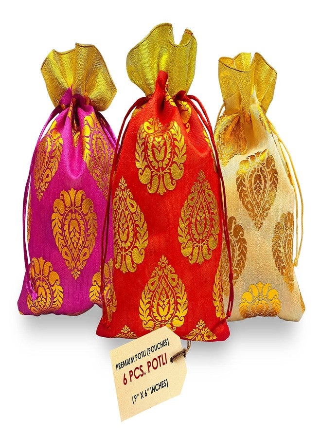 SATVIK Ambi Potli Big Size Designer Potli, Dry Fruit Diwali Gift Packaging Bag Handmade Premium Fabric With Random Design Indian Housewarming Return Gift Items Bulk (Set Of 6),Multi - Image 1