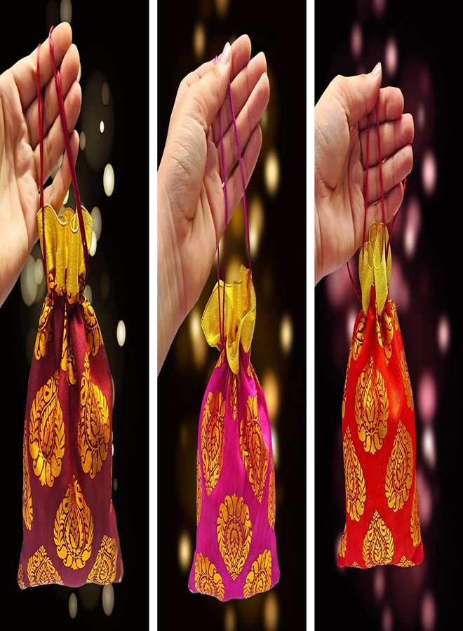 SATVIK Ambi Potli Big Size Designer Potli, Dry Fruit Diwali Gift Packaging Bag Handmade Premium Fabric With Random Design Indian Housewarming Return Gift Items Bulk (Set Of 6),Multi - Image 2