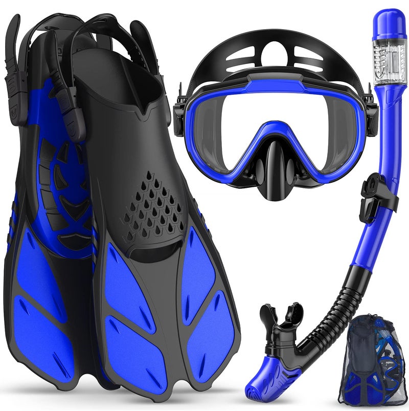 Delavala Kids Snorkel Set with Fins (Blue - S/M ) -, Snorkel Fins Mask Set Child Snorkeling Gear with Flippers Anti Leak, Snorkel Fins Set Diving Mask, Junior Snorkel Set Tempered Glass, 4-14 YRS - Image 1