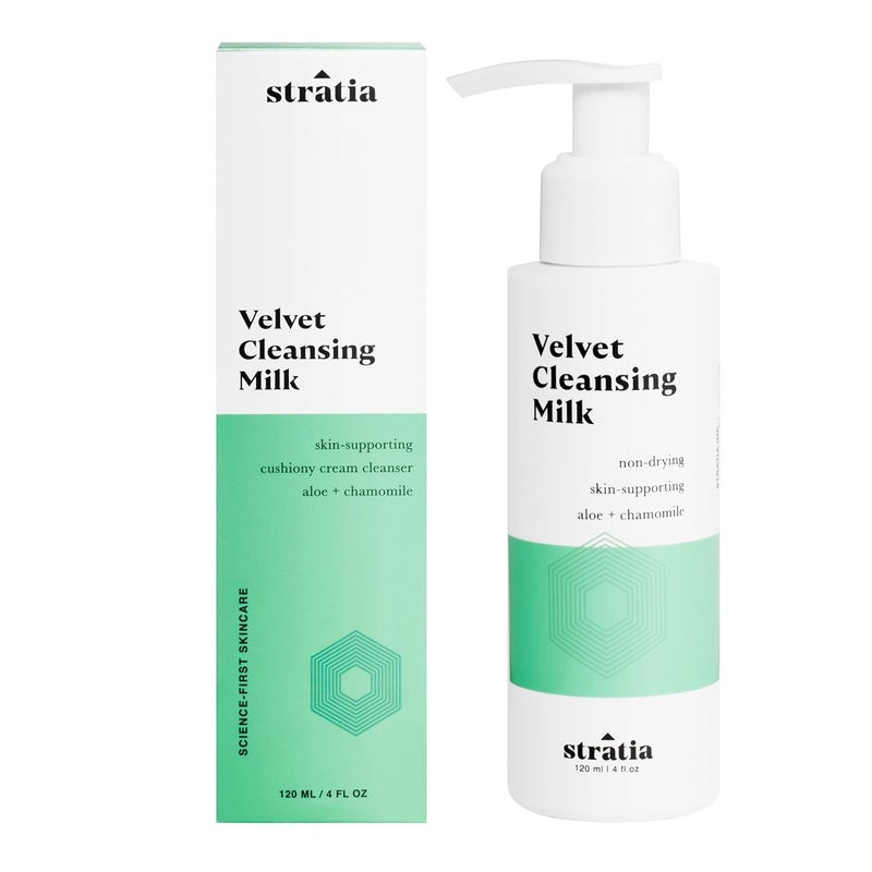 Stratia Velvet Cleansing Milk  Gentle Cream Face Cleanser Moisturizing  NonFoaming with Chamomile Olive Oil  Aloe Vera 4 Fl Oz
