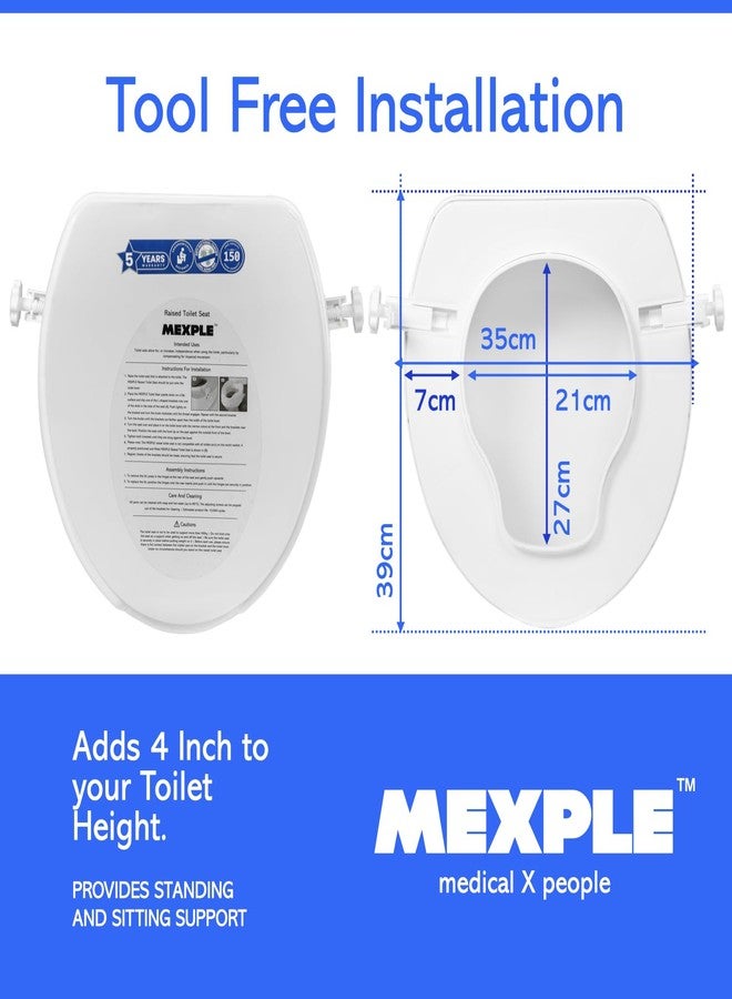 MEXPLE RaiXer4 Raised Toilet Seat Raiser Elevator (4 Inch) (5 Years Warranty) | Plastic Commode Seat Extension | Tool Free Installation | For Handicap, Knee Patients, Old Senior Citizen - White - Image 3