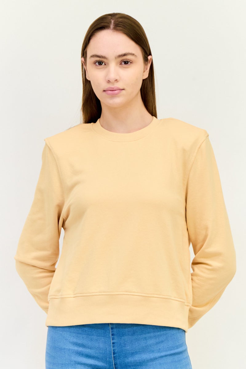 MONKI Women Round Neck Long Sleeves Solid Padded Shoulders Sweatshirt, Peach  - Image 1