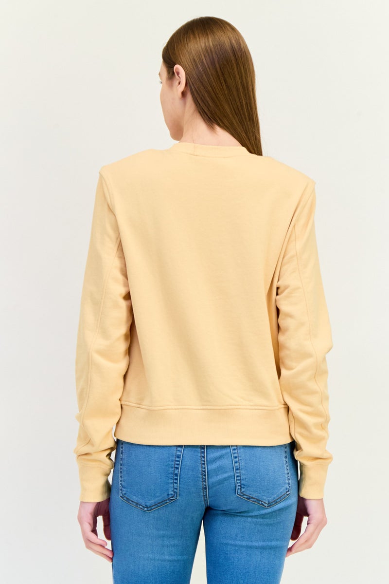 MONKI Women Round Neck Long Sleeves Solid Padded Shoulders Sweatshirt, Peach  - Image 3