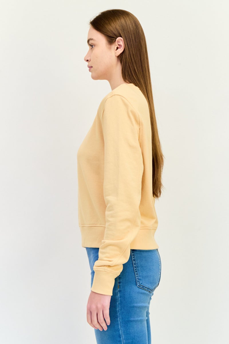 MONKI Women Round Neck Long Sleeves Solid Padded Shoulders Sweatshirt, Peach  - Image 2