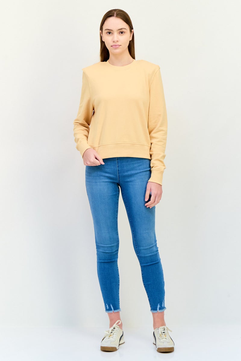 MONKI Women Round Neck Long Sleeves Solid Padded Shoulders Sweatshirt, Peach  - Image 4