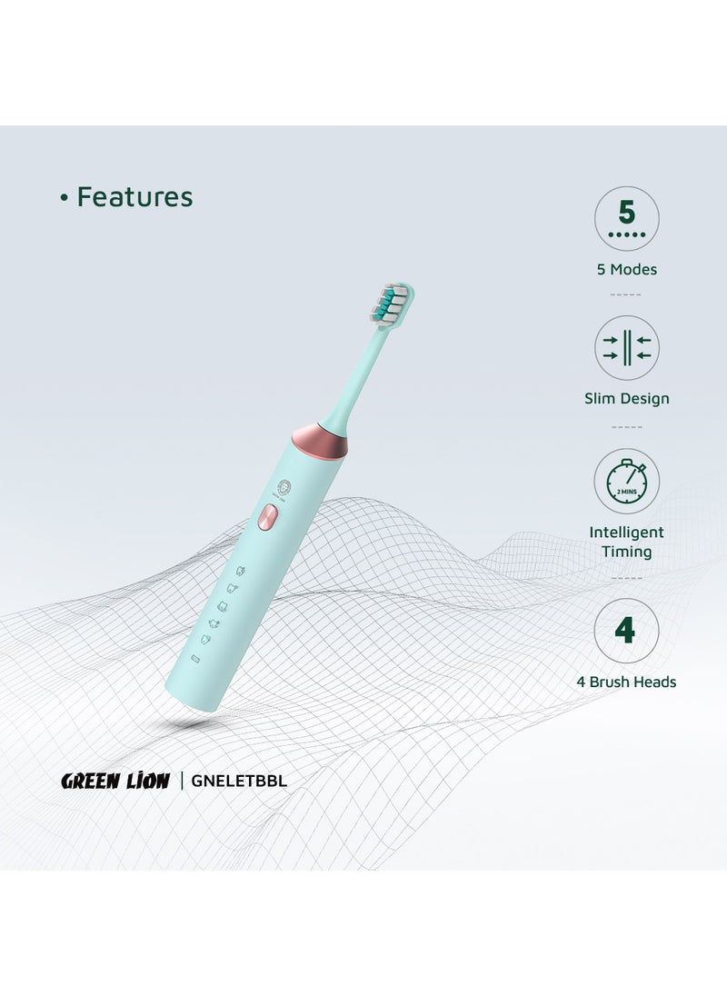 GREEN LION - Electric Toothbrush with 5 Modes & 4 Brush Heads, Suitable For Sensitive & Color Teeth, Standard Whitening, Intelligent Timing, Slim Design, IPX7 Waterproof - Blue - Image 1