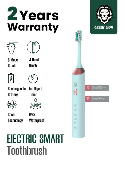 Electric Toothbrush with 5 Modes & 4 Brush Heads, Suitable For Sensitive & Color Teeth, Standard Whitening, Intelligent Timing, Slim Design, IPX7 Waterproof - Light Blue