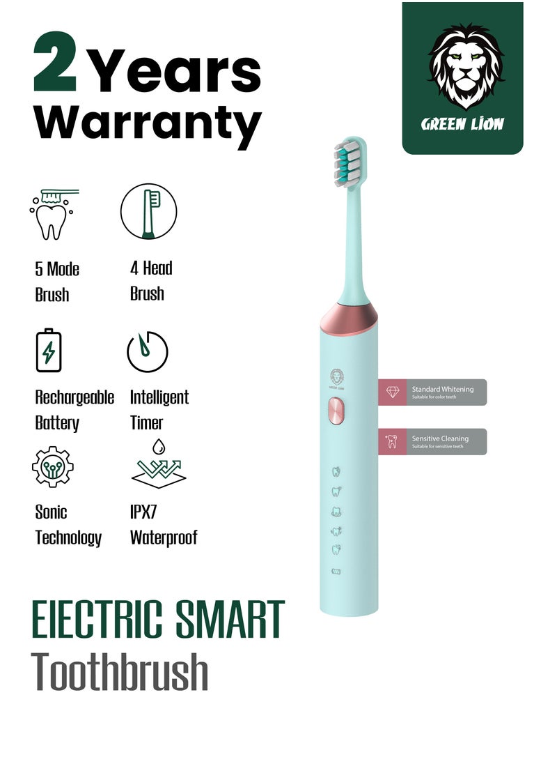 GREEN LION - Electric Toothbrush with 5 Modes & 4 Brush Heads, Suitable For Sensitive & Color Teeth, Standard Whitening, Intelligent Timing, Slim Design, IPX7 Waterproof - Blue - Image 1