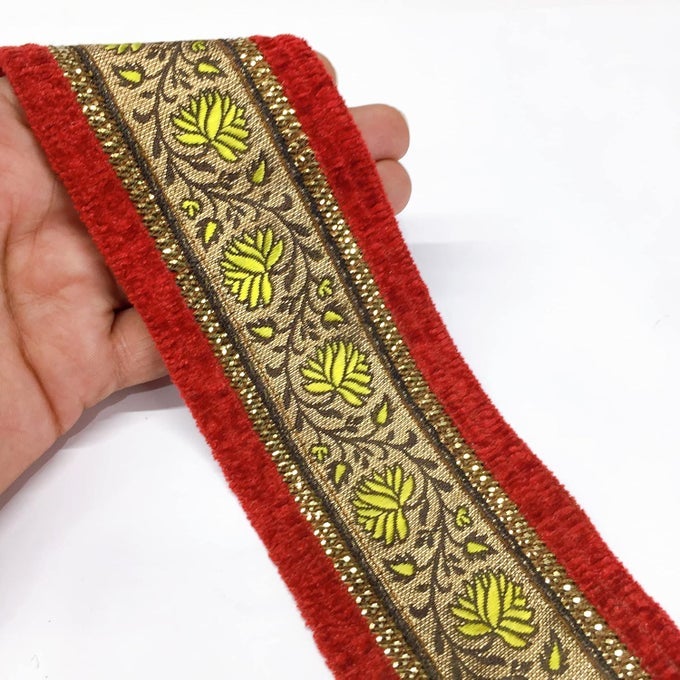 9 METER YELLOW & RED BORDER FLOWER DESIGN WEAVING WORK LACE WITH SEQUINS WORK, BANARASI SAREE LACE BORDER TRIM RIBBONS, BRIDAL LEHENGA SAREE DUPATTA SUIT ANARKALI INDIAN FASHION ACCESSORIES