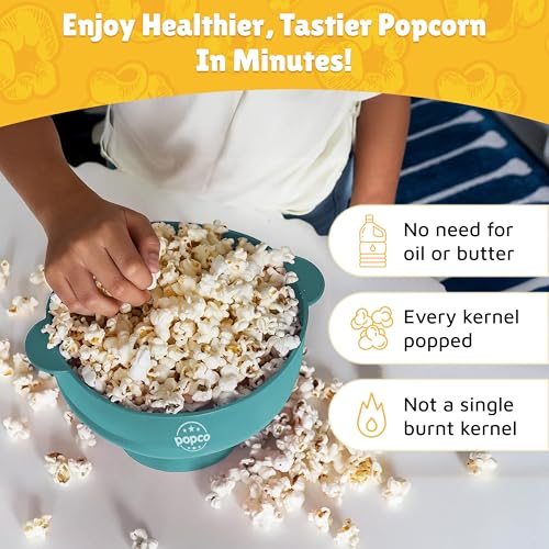POPCO Silicone Microwave Popcorn Popper with Handles, Silicone Popcorn Maker, Collapsible Bowls, Dishwasher Safe - 15 Colors Available (Aqua) - Image 2