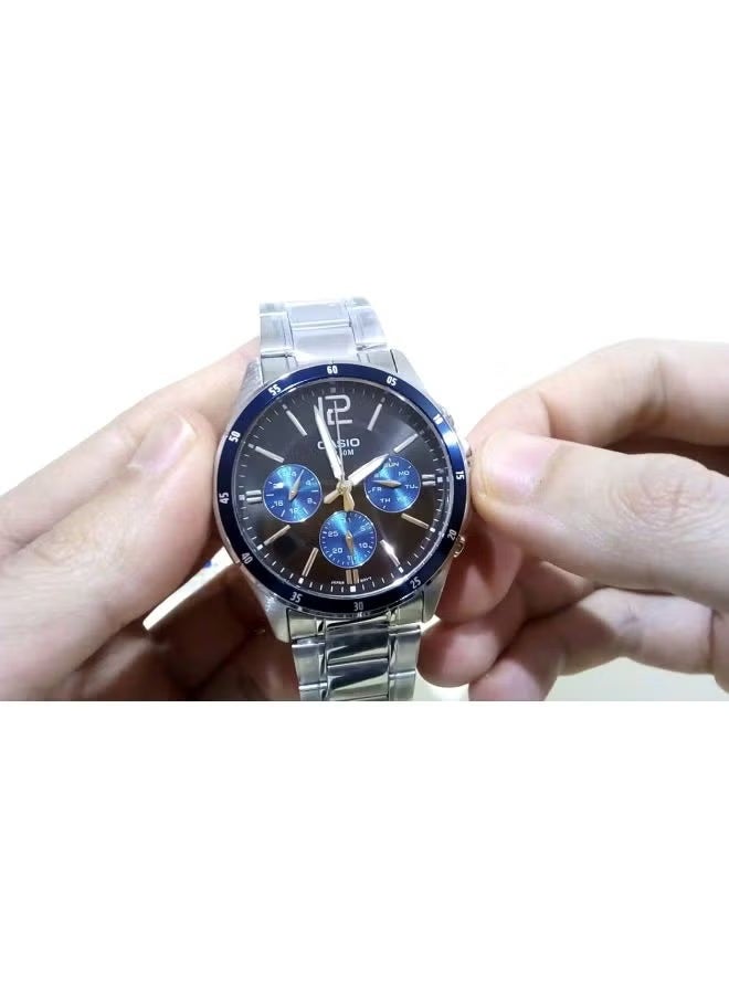 Casio MTP-1374D-2ADF Men’s Analog Stainless Steel Watch – Blue Dial, Chronograph Style, Date & Day Display, 50M Water Resistance, Mineral Glass, Quartz Movement, Classic Business & Casual Wristwatch - Image 2