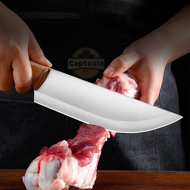 Captoola سكين شيف صربي من كابتولا - سكاكين مطبخ كاملة الشفرة - سكين جزار مناسب لقطع الخضار والأسماك وغيرها للمطبخ والفنادق والمطاعم مع عصا شحذ - عبوة من 4 قطع - Image 5