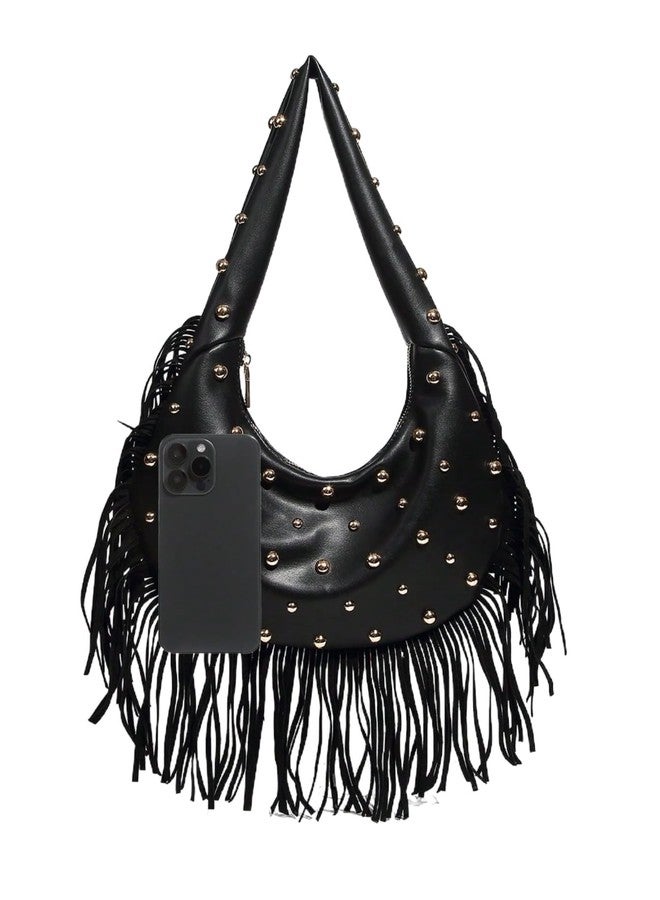 MakeMeChic Women's Fringe Studded Faux Leather Shoulder Bag Zipper Y2k Underarm Handbag Purse Black One Size - Image 2