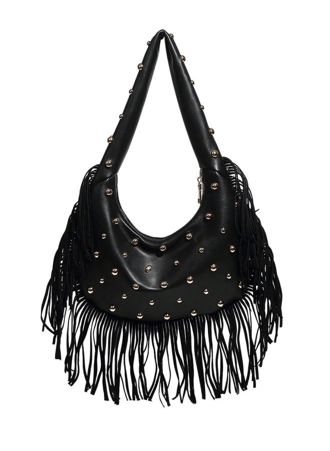 MakeMeChic Women's Fringe Studded Faux Leather Shoulder Bag Zipper Y2k Underarm Handbag Purse Black One Size - Image 1