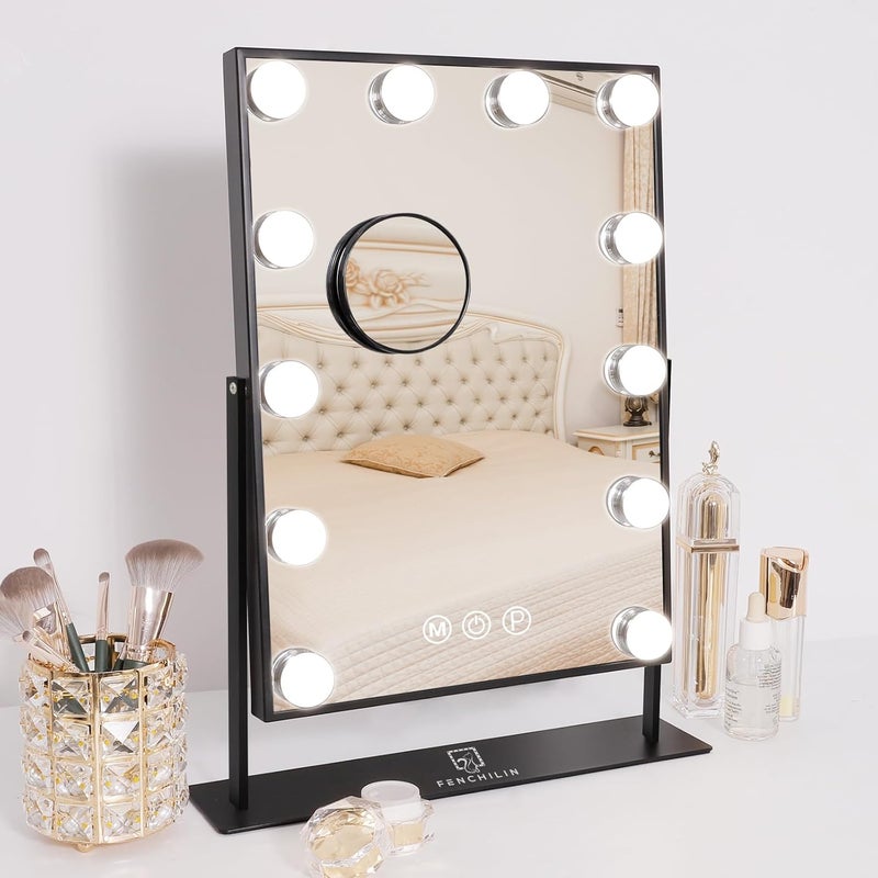 FENCHILIN Make-up Mirror with Lighting, 12 LED Illuminated Hollywood Mirror, 360° Rotatable, 10x Magnification, 3 Colour Lighting Modes, Black, 30 x 41 cm - Image 1