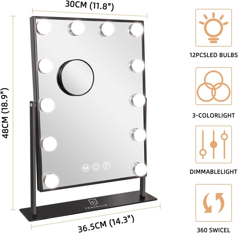 FENCHILIN Make-up Mirror with Lighting, 12 LED Illuminated Hollywood Mirror, 360° Rotatable, 10x Magnification, 3 Colour Lighting Modes, Black, 30 x 41 cm - Image 5