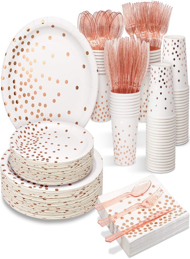 Partylamb White & Rose Gold Party Supplies, 350PCS Disposable Dinnerware Set with Plates Napkins Cups Forks Knives Spoons for Girl Women Birthday Baby Bridal Shower Graduation Wedding Party Decoration - Image 1