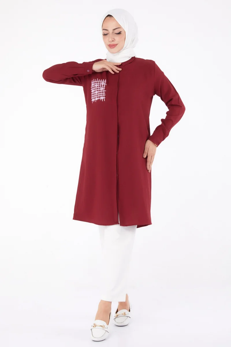 Tofisa Plain Shirt Collar Women's Burgundy Pocket Embroidery Detail Tunic - 13123