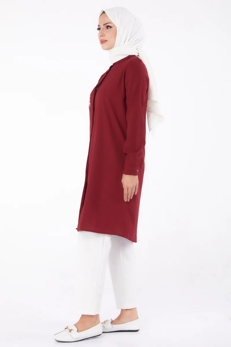 Tofisa Plain Shirt Collar Women's Burgundy Pocket Embroidery Detail Tunic - 13123