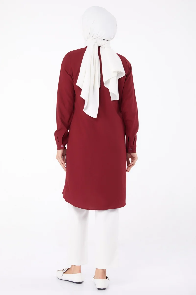 Tofisa Plain Shirt Collar Women's Burgundy Pocket Embroidery Detail Tunic - 13123