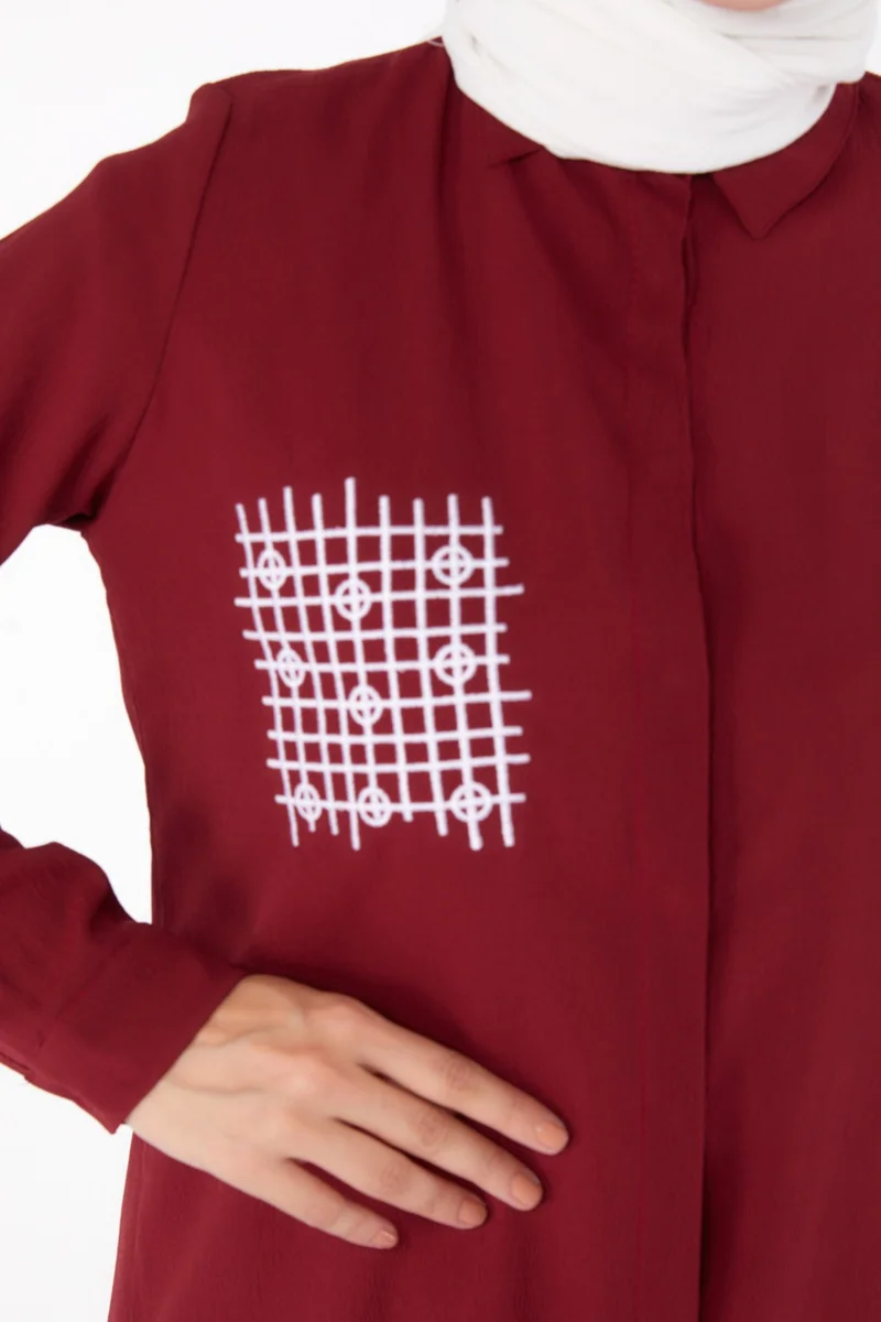 Tofisa Plain Shirt Collar Women's Burgundy Pocket Embroidery Detail Tunic - 13123