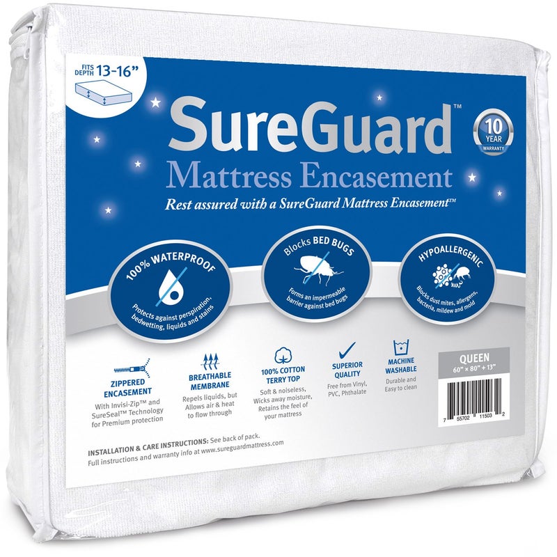 SureGuard Mattress Protectors Queen (13-16 in. Deep) SureGuard Mattress Encasement - 100% Waterproof, Bed Bug Proof, Hypoallergenic - Premium Zippered Six-Sided Cover - Image 1