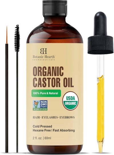 Botanic Hearth Organic Castor Oil | 60 ML | USDA Certified Organic |100% Pure & Hexane Free | Cold Pressed | Growth for Eyelashes, Eyebrows, Hair | With Eyebrow & Eyelash Brush |