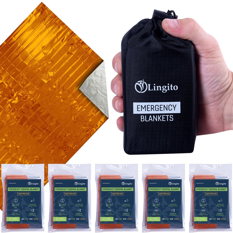 Lingito Survival Blanket, Emergency Blankets Camping, Hiking, Traveling, Heavy Duty Thermal Blanket, Waterproof Insulated Space Blankets Individually Packed, Emergency Outdoor Kit (5 Pack - Orange) - Image 1