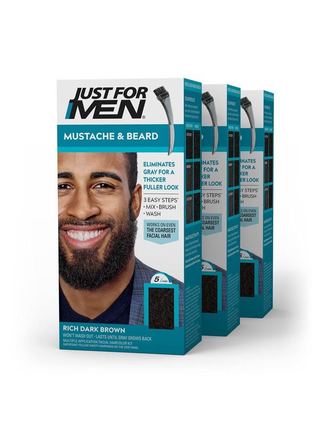 Just For Men Just For Men Mustache & Beard, Beard Dye for Men with Brush Included, With Keratin Biotin Aloe and Coconut Oil for Healthy Facial Hair - Rich Dark Brown, M-47, Pack of 3 (Packaging May Vary)  - Image 1