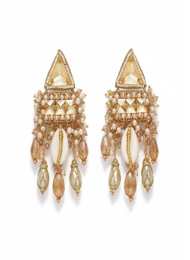 SANJOYA by EVERSTYLISH Embroidered Earrings for Women | Shell, Beads & Glass Drop Statement Dangler Earrings | Ethnic Jewelry for Weddings, Festivals & Special Occasions - Image 1