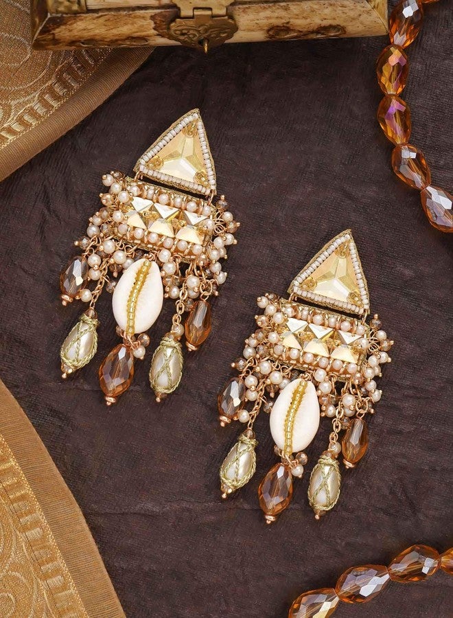 SANJOYA by EVERSTYLISH Embroidered Earrings for Women | Shell, Beads & Glass Drop Statement Dangler Earrings | Ethnic Jewelry for Weddings, Festivals & Special Occasions - Image 2