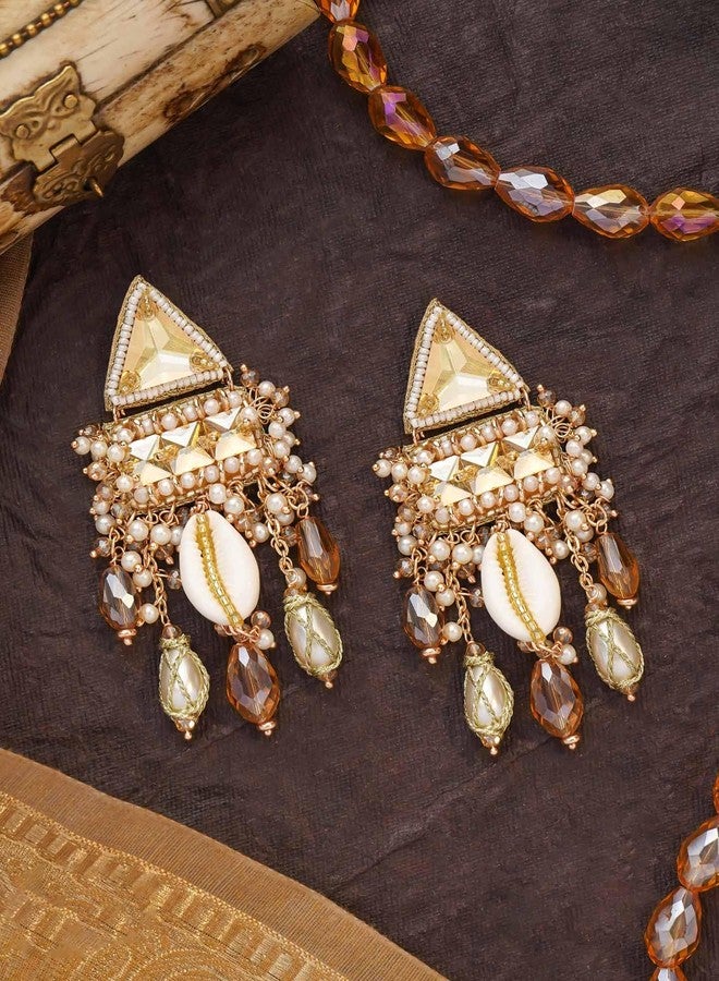 SANJOYA by EVERSTYLISH Embroidered Earrings for Women | Shell, Beads & Glass Drop Statement Dangler Earrings | Ethnic Jewelry for Weddings, Festivals & Special Occasions - Image 3