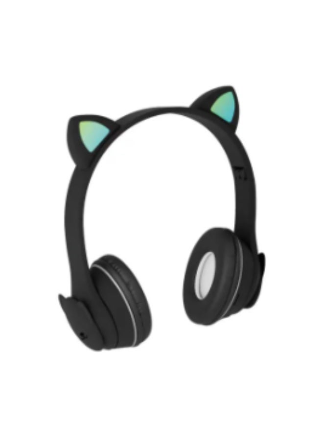 Cat Ear Kids Headphones, Bluetooth 5.0 Wireless Kids Gaming Headset with Microphone, LED Light, HIFI Stereo Sound, Comfortable On-Ear Design, Long Battery Life MZ-004-Black