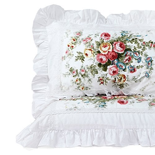 FADFAY Shabby Pink Rose Floral Print Pillowcases Elegant Country Style Vintage Lace Ruffles Bedding Pillow Covers Standard Size 19 x 29 TwinFullQueen Vintage Rose - Image 1