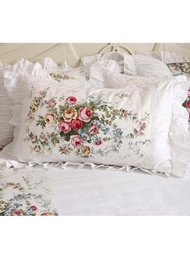 FADFAY Shabby Pink Rose Floral Print Pillowcases Elegant Country Style Vintage Lace Ruffles Bedding Pillow Covers Standard Size 19 x 29 TwinFullQueen Vintage Rose - Image 5