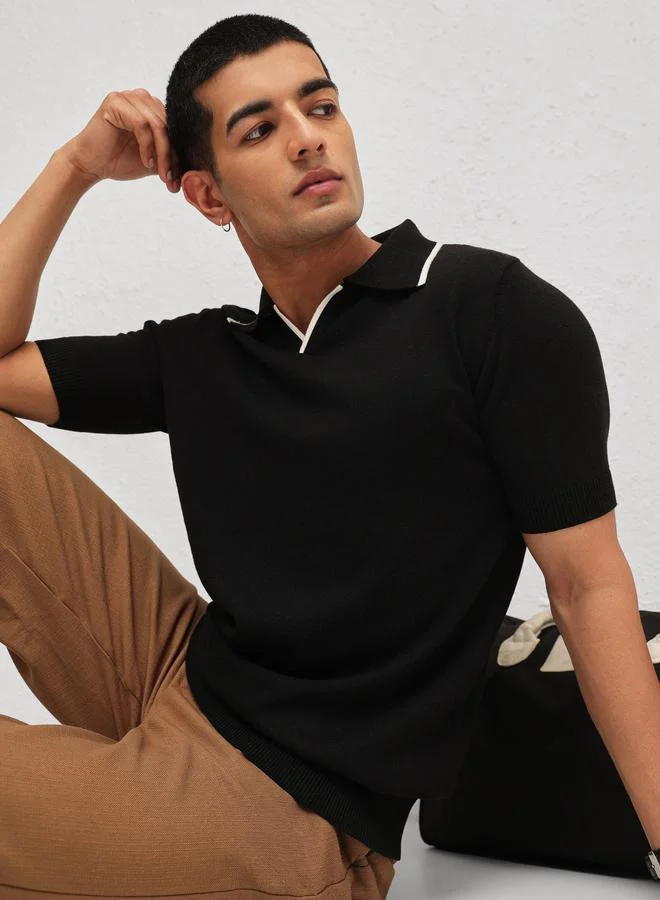 ساسافراس Men Black Relaxed Fit Knitted Polo T-Shirt