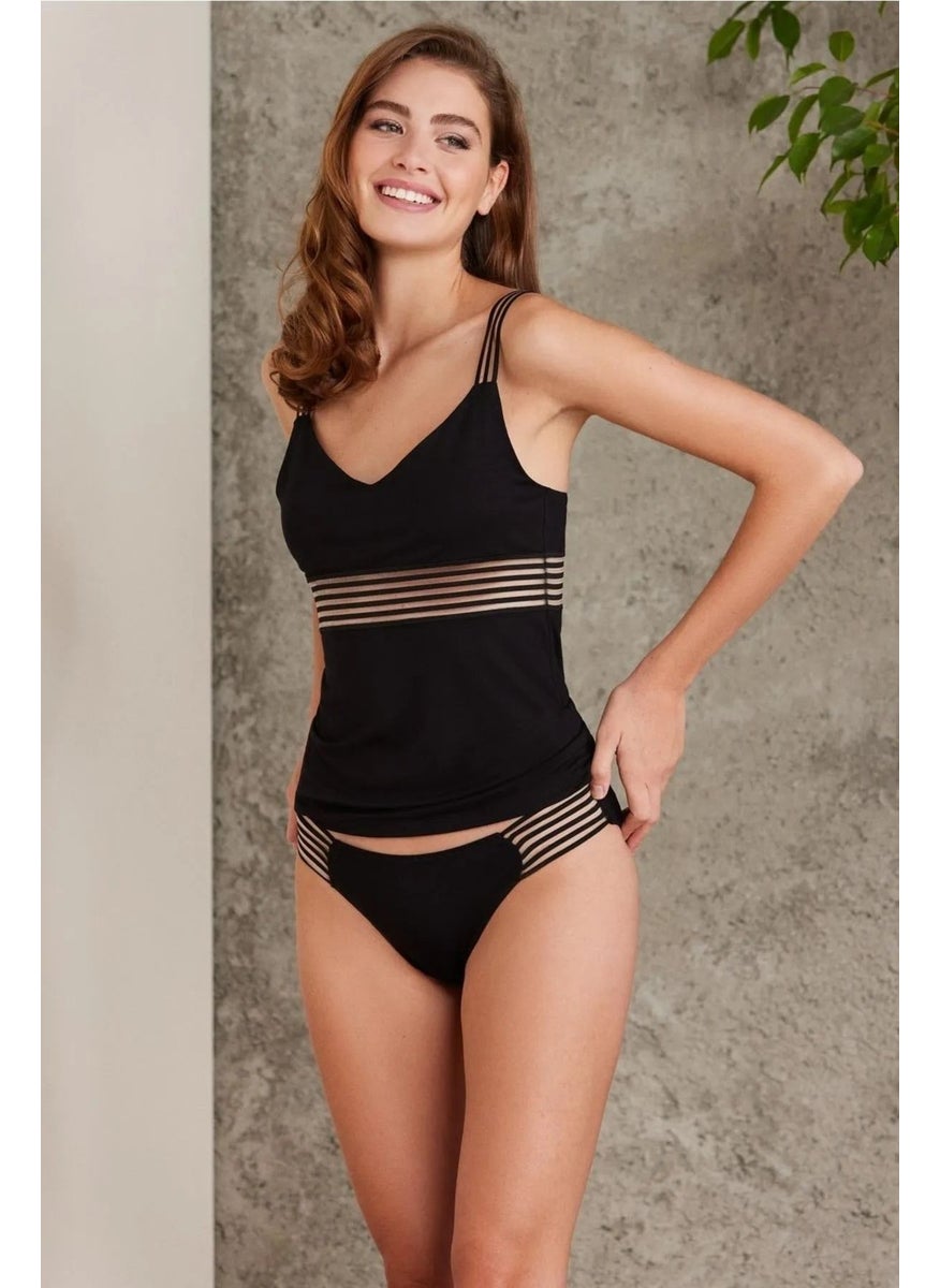 pierre cardin 300 Women's Thick Strap Lace Undershirt Panty Set - Black  - Image 1