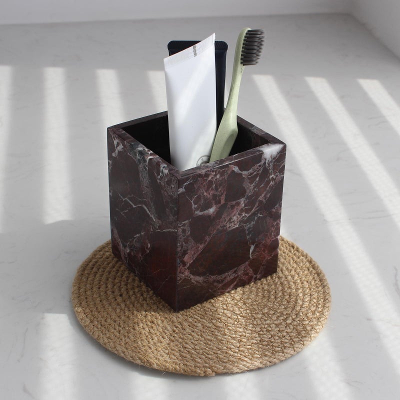 Natust Natural Rosso Levanto Marble Square Storage Container for Toothbrush/Makeup Brush/Pens, Countertop Organizer Bathroom - Image 2