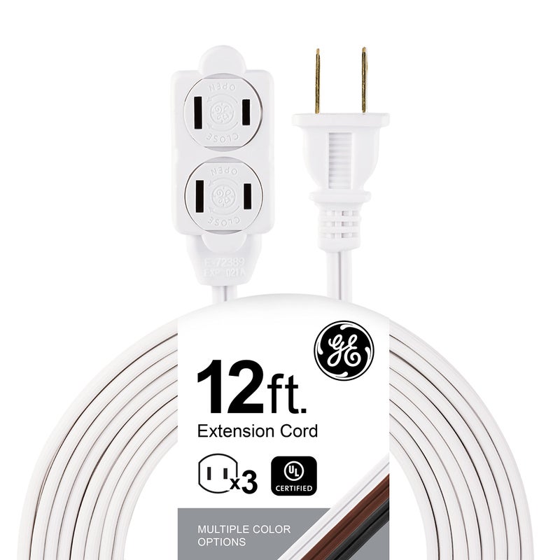 GE 3Extension Cord with Multiple Outlets 12 Ft Power Strip 2 Prong 16 Gauge TwisttoClose Safety Covers Indoor Outlet Extender UL Listed White 51954