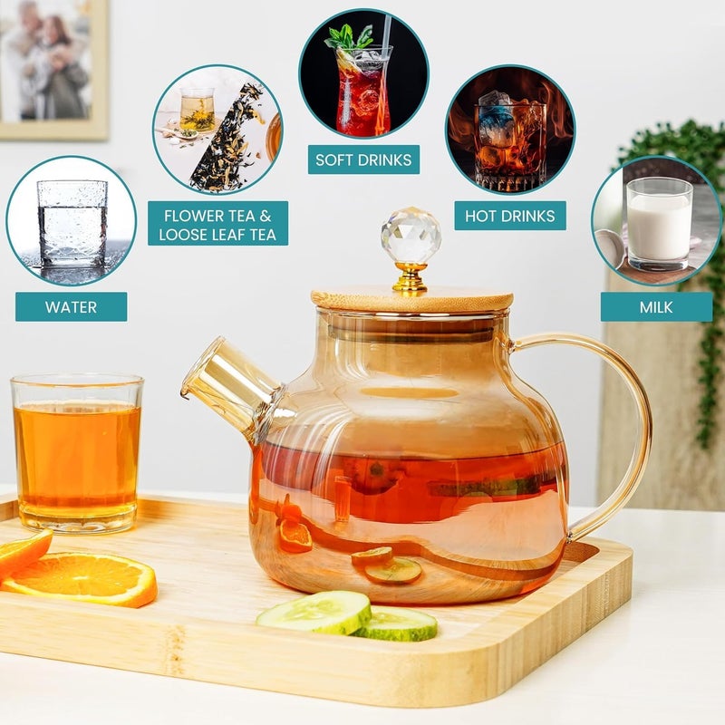 GipiBox GipiBox® Wooden Lid with Diamond Glass Tea Pot Gold Kettle Coffee Jug for Juice, Black Tea, Green Tea, Juice, Water and Serve Everything Glass Tea Pot with Infuser,Microwave Safe 1000ML - 1 Pcs  - Image 2