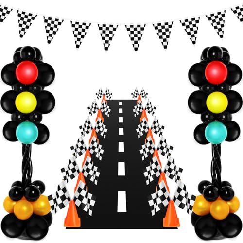 WinnerWhy 179 Pcs Race Car Birthday Party Decorations Includes 141 Traffic Lights Balloon Stand Set 12 Traffic Cones 24 Racing Checkered Flags 1 Grid String Flags 1 Racetrack Floor Runner - Image 1