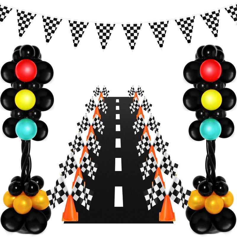 WinnerWhy 179 Pcs Race Car Birthday Party Decorations Includes 141 Traffic Lights Balloon Stand Set 12 Traffic Cones 24 Racing Checkered Flags 1 Grid String Flags 1 Racetrack Floor Runner - Image 3