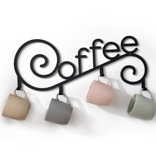 WOPARTY Metal Wall Mounted Coffee Cup Mug Holder with 4 Hooks, 15.75 x 6.3 Inch, Decorative Coffee Bar,Kitchen, Bar Station Accessories Decor - Image 1