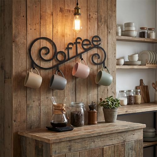 WOPARTY Metal Wall Mounted Coffee Cup Mug Holder with 4 Hooks, 15.75 x 6.3 Inch, Decorative Coffee Bar,Kitchen, Bar Station Accessories Decor - Image 4